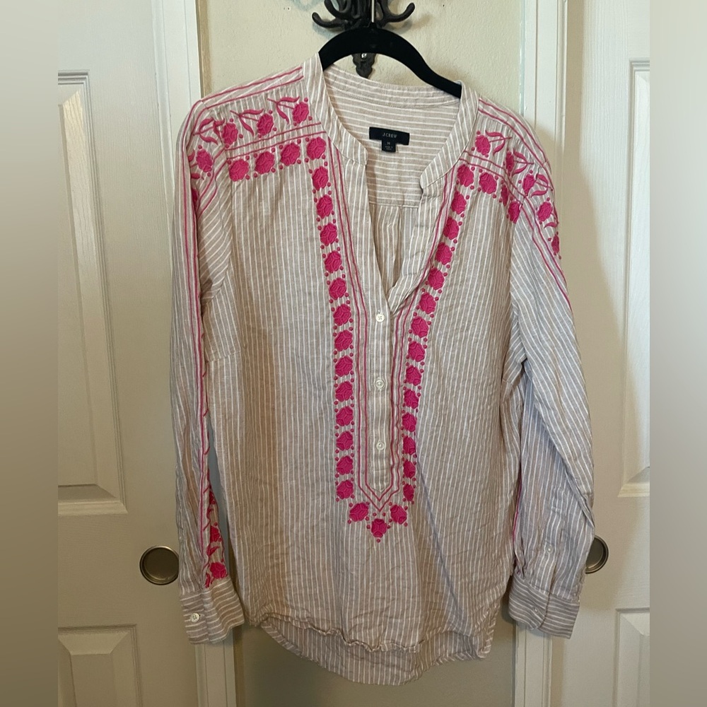 J. Crew Beige Striped Linen Tunic with Pink Floral Accents